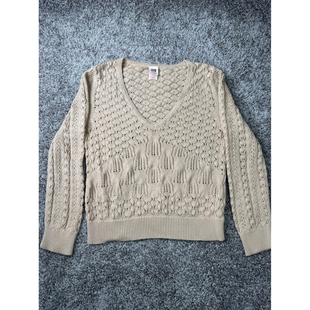 Vintage 90s Y2K Faded Glory Beige Open Knit V-Neck Sweater XL 16/18